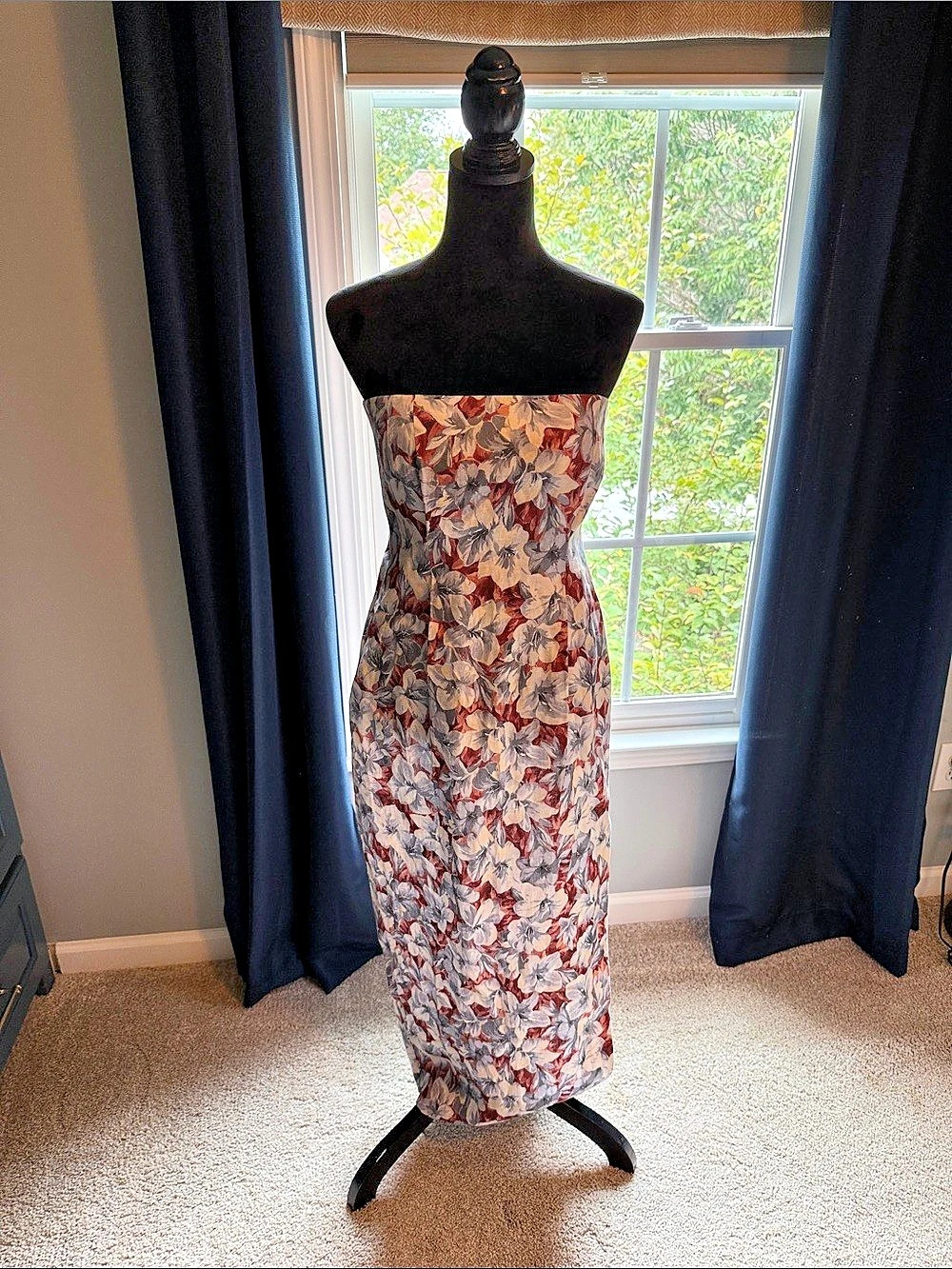 POSSE Rosalie Strapless Dress Floral Linen Maxi Dress in Red & Blue Size Medium